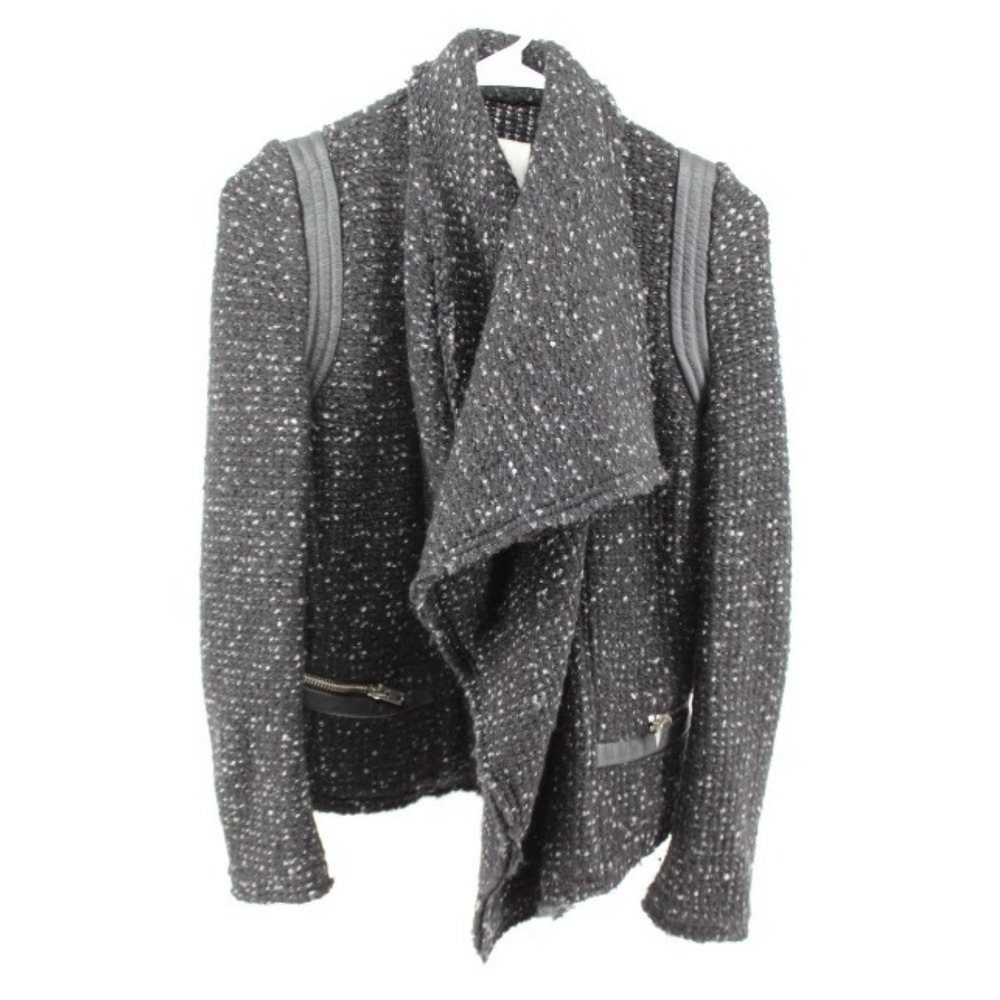IRO Paris Knit Jacket Womens 40 Gray Leather Trim Asymmetrical Shawl Collar Moto